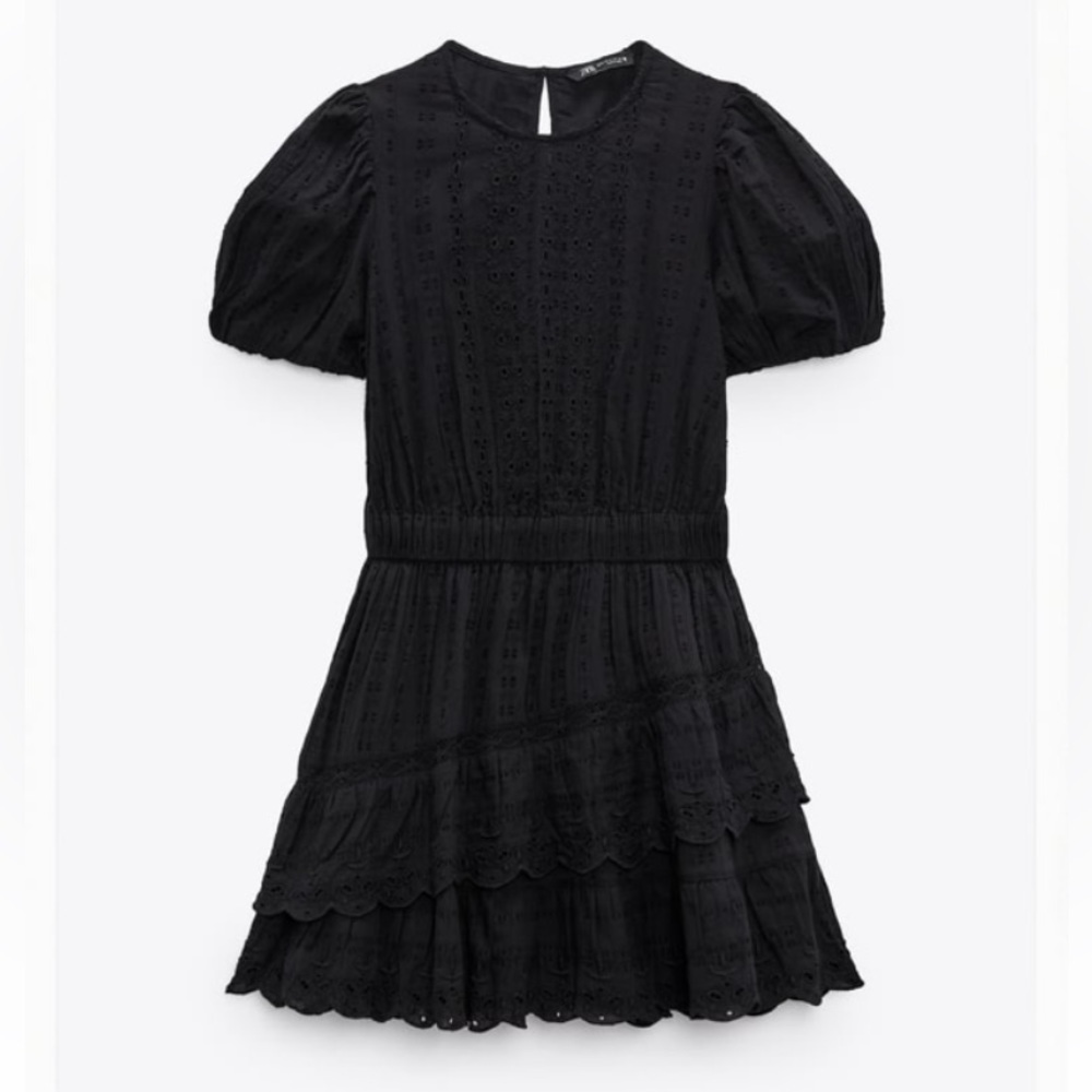 Zara Black Embroidered Prairie Dress Lace Insert NEW w/ TAGS